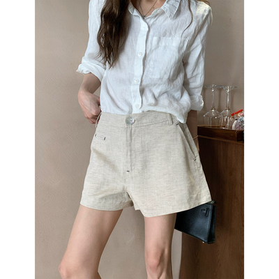 留下 1992 春夏老钱风天丝亚麻短裤女简约百搭显瘦宽松休闲裤女