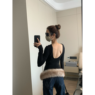 T恤修身 留下 时髦慵懒感深U露背长袖 早春法式 显瘦亲肤上衣女 1992