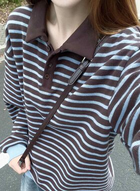 韩版学院风纯羊毛衫女POLO领条纹秋冬季复古百搭撞色宽松针织上衣