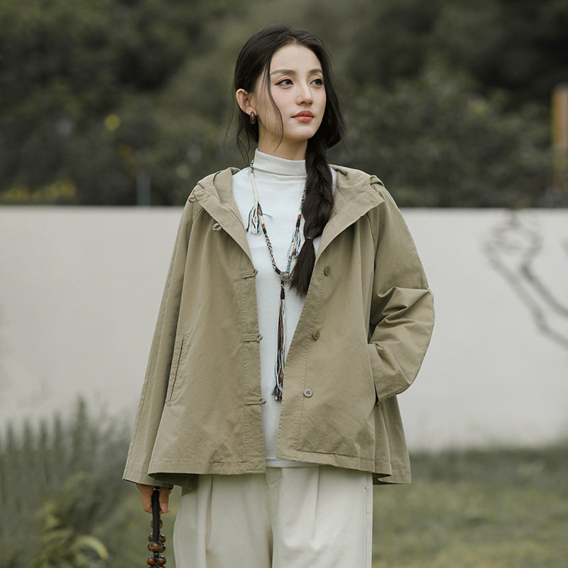秋季新款女装休闲文艺风连帽外套女纯色百搭小个子宽松短款风衣女