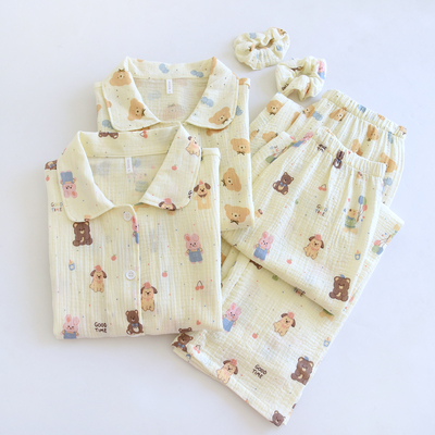 【女超软全棉皱纱睡衣】纯棉100%棉双层纱长袖长裤a类睡衣套装334