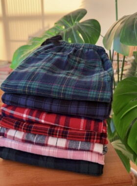 春夏全棉女裤色织磨毛休闲长裤可外穿家居裤格子窄版直筒裤210