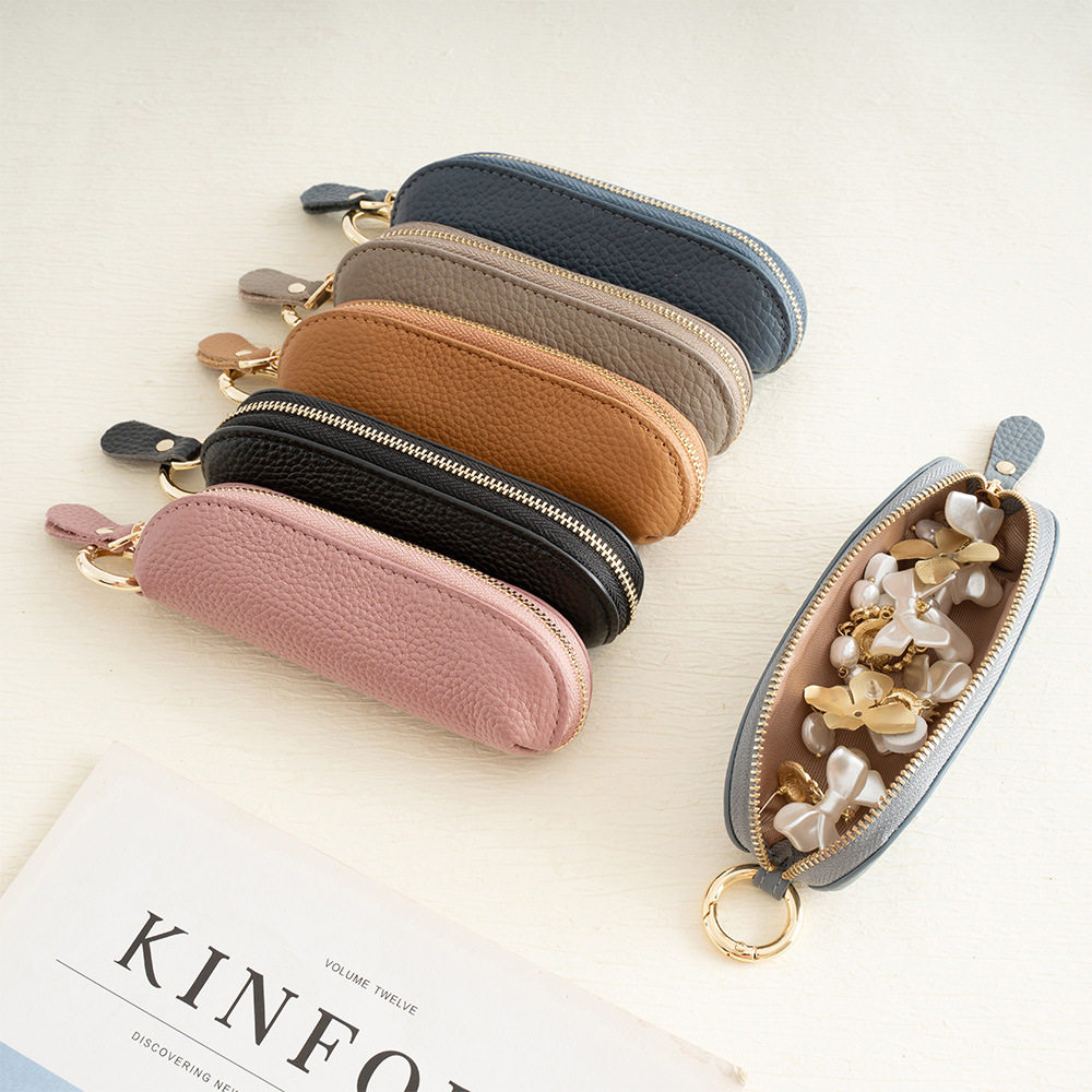 头层牛皮钥匙包女时尚首饰包长款钥匙扣挂件日式迷你拉链零钱包