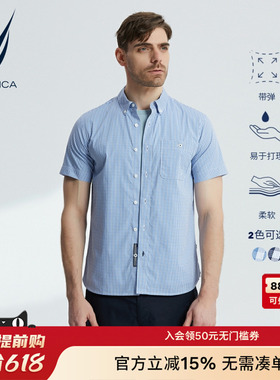 NAUTICA/诺帝卡男装夏季商务休闲时尚潮流格纹弹力短袖衬衫WO2201