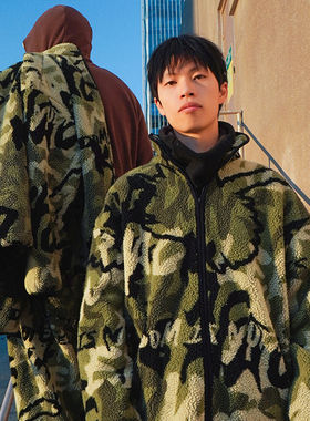 UNSHACKLED潮牌美式迷彩复合羊羔毛外套秋冬保暖棉衣厚款卫衣杨政