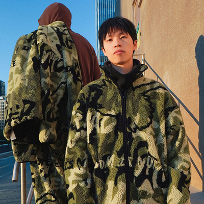 UNSHACKLED潮牌美式迷彩复合羊羔毛外套秋冬保暖棉衣厚款卫衣杨政