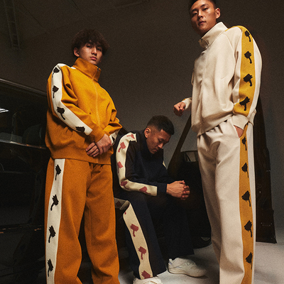 潮牌休息美式侧拼织带运动套装