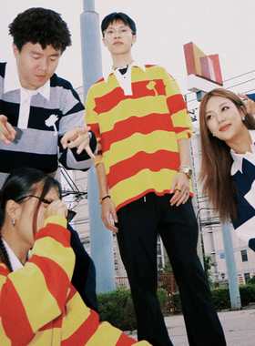 UNSHACKLED美式珠地条纹POLO衫男女宽松立领彩虹长袖T恤杨政原创