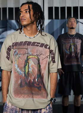 UNSHACKLED潮牌美式宽松天堂地狱短袖T恤男女重磅棉插画上衣杨政