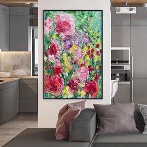 纯手绘艺术画主卧手绘油画《青霭》定制客厅沙发背景墙肌理画油画