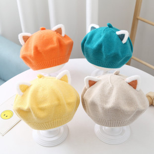 宝宝帽子秋冬季可爱猫耳朵毛线贝雷帽韩版男女童婴儿百搭针织帽潮