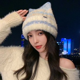 冬季帽子女款保暖加厚护耳帽可爱甜美猫耳朵针织帽时尚百搭毛线帽