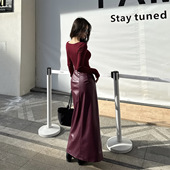 伊莉雅镂空露锁骨磨毛打底连体上衣皮革一片式 开衩半身裙LH25201