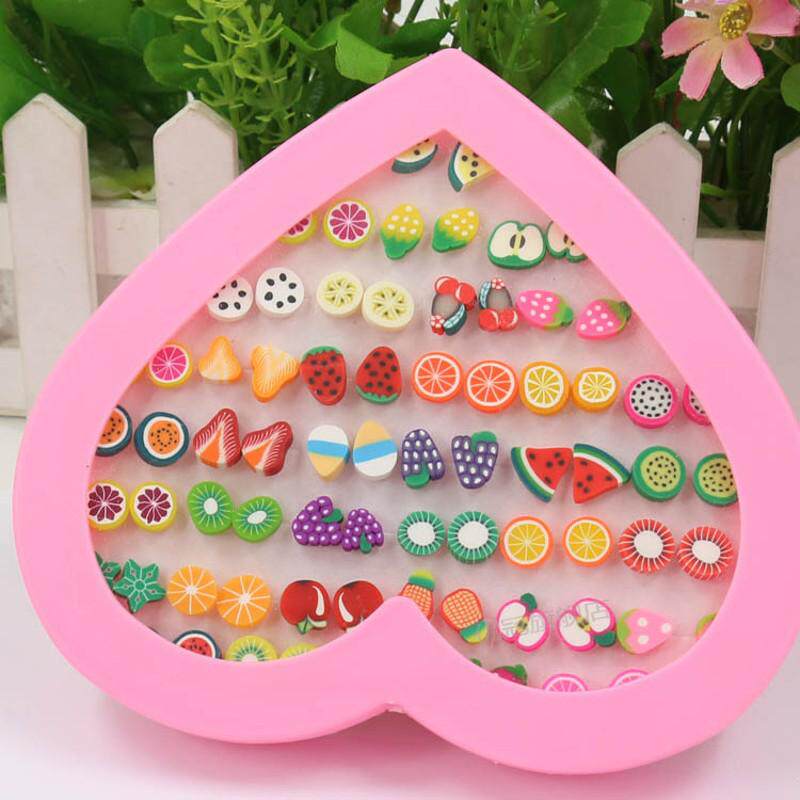 韩版耳钉水果软陶桃心礼盒防过敏塑料针可爱甜美发搭大小软陶耳钉