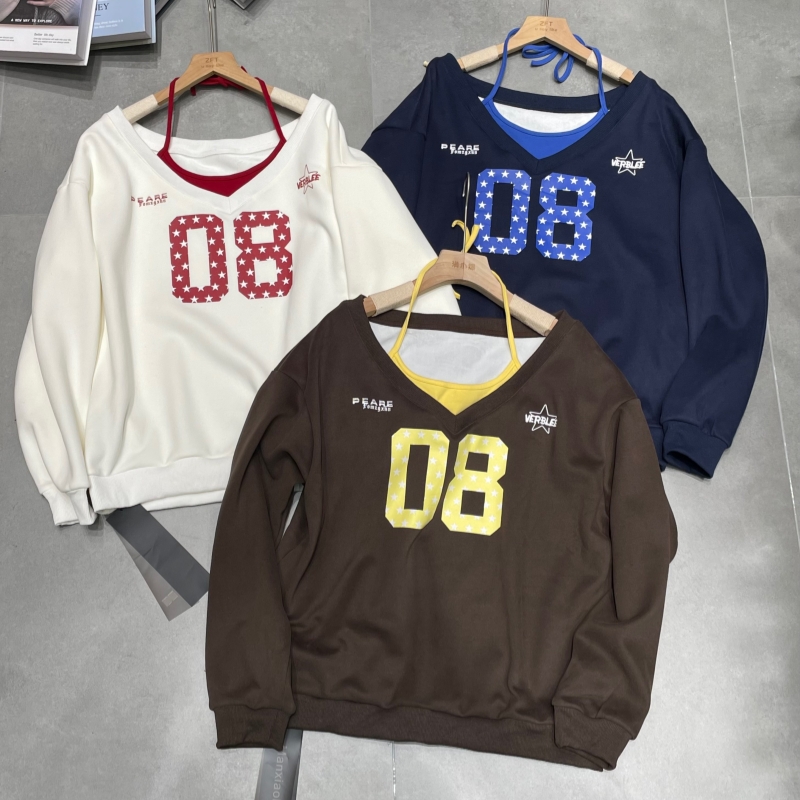 2025秋冬新品美式数字印花撞色假两件挂脖露肩卫衣百搭宽松长袖T