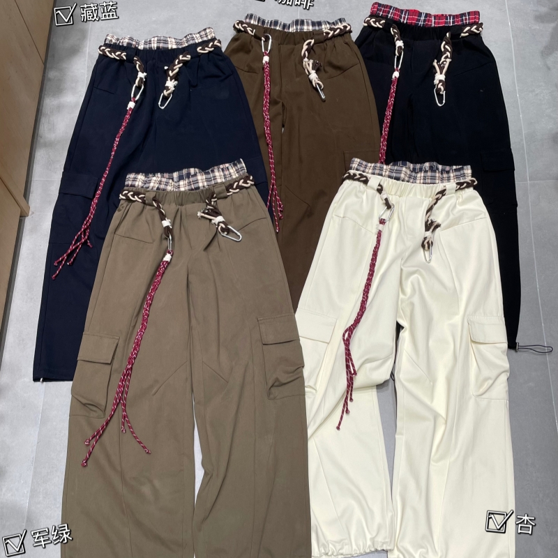 2025秋季新款双腰头直筒宽松阔腿工装裤长裤麻花辫腰带装饰休闲裤