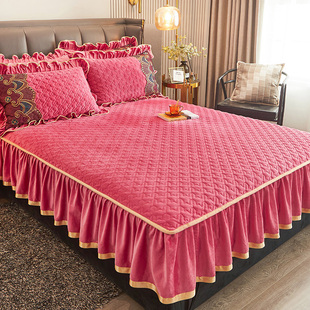 冬季加绒夹棉床笠罩带裙边牛奶绒单件加厚全包防滑床罩床围保护套