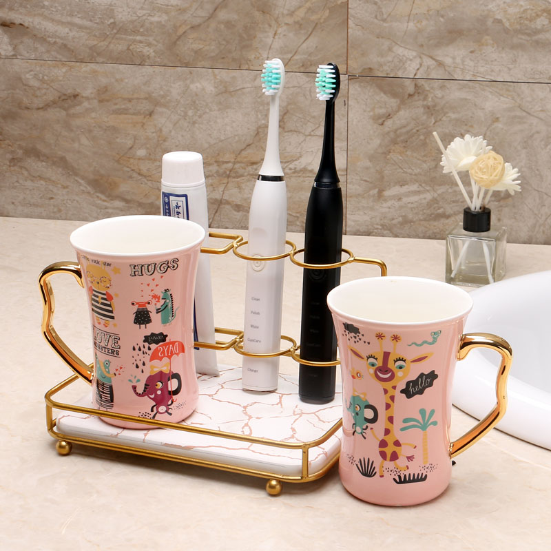 创意贴花陶瓷情侣漱口刷牙杯家用卫生间免打孔牙具置物架卫浴套装