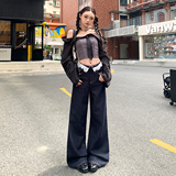 低腰蕾丝花边新款秋冬牛仔长裤美式复古宽松慵懒拖地百搭通勤，女装休闲裤，奇怪漫猴工厂店