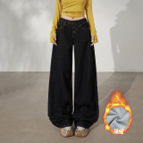 YC&美式复古低腰宽松阔腿裤小众排扣秋冬百搭直筒牛仔裤女加绒，女装休闲裤，奇怪漫猴工厂店