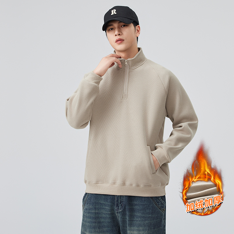 奥粒绒男士半拉链囗袋重磅480克提花肌理长袖，男装T恤，奇怪漫猴工厂店