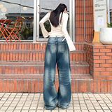 美式复古水洗做旧褶皱渐变牛仔长裤秋冬新款百搭宽松垂感拖地慵懒，女装休闲裤，奇怪漫猴工厂店