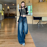 美式复古做旧水洗弯刀宽松长裤刺绣拖地垂感舒适渐变秋冬新款，女装休闲裤，奇怪漫猴工厂店