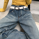 美式做旧复古纹理水洗褶皱牛仔长裤新款秋冬百搭舒适宽松牛仔裤，女装休闲裤，奇怪漫猴工厂店