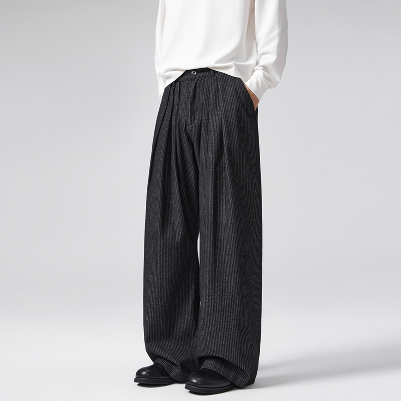 2025秋冬老钱风三褶黑色条纹牛仔西裤男弯刀宽松A型休闲长裤子潮，男装牛仔裤，奇怪漫猴工厂店
