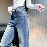 美式微喇牛仔长裤修身显瘦新款女生秋冬拖地舒适口袋猫纹复古水洗，女装休闲裤，奇怪漫猴工厂店