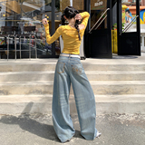 美式做旧复古纹理水洗褶皱牛仔长裤新款秋冬百搭舒适宽松牛仔裤，女装休闲裤，奇怪漫猴工厂店