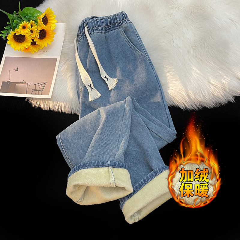 秋冬加绒港风宽松直筒休闲潮流百搭X绳男女牛仔裤(加绒限价89)，男装牛仔裤，奇怪漫猴工厂店