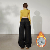 YC&美式复古低腰宽松阔腿裤小众排扣秋冬百搭直筒牛仔裤女加绒，女装休闲裤，奇怪漫猴工厂店