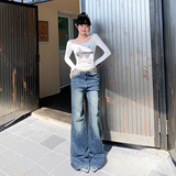 美式微喇牛仔长裤修身显瘦新款女生秋冬拖地舒适口袋猫纹复古水洗，女装休闲裤，奇怪漫猴工厂店
