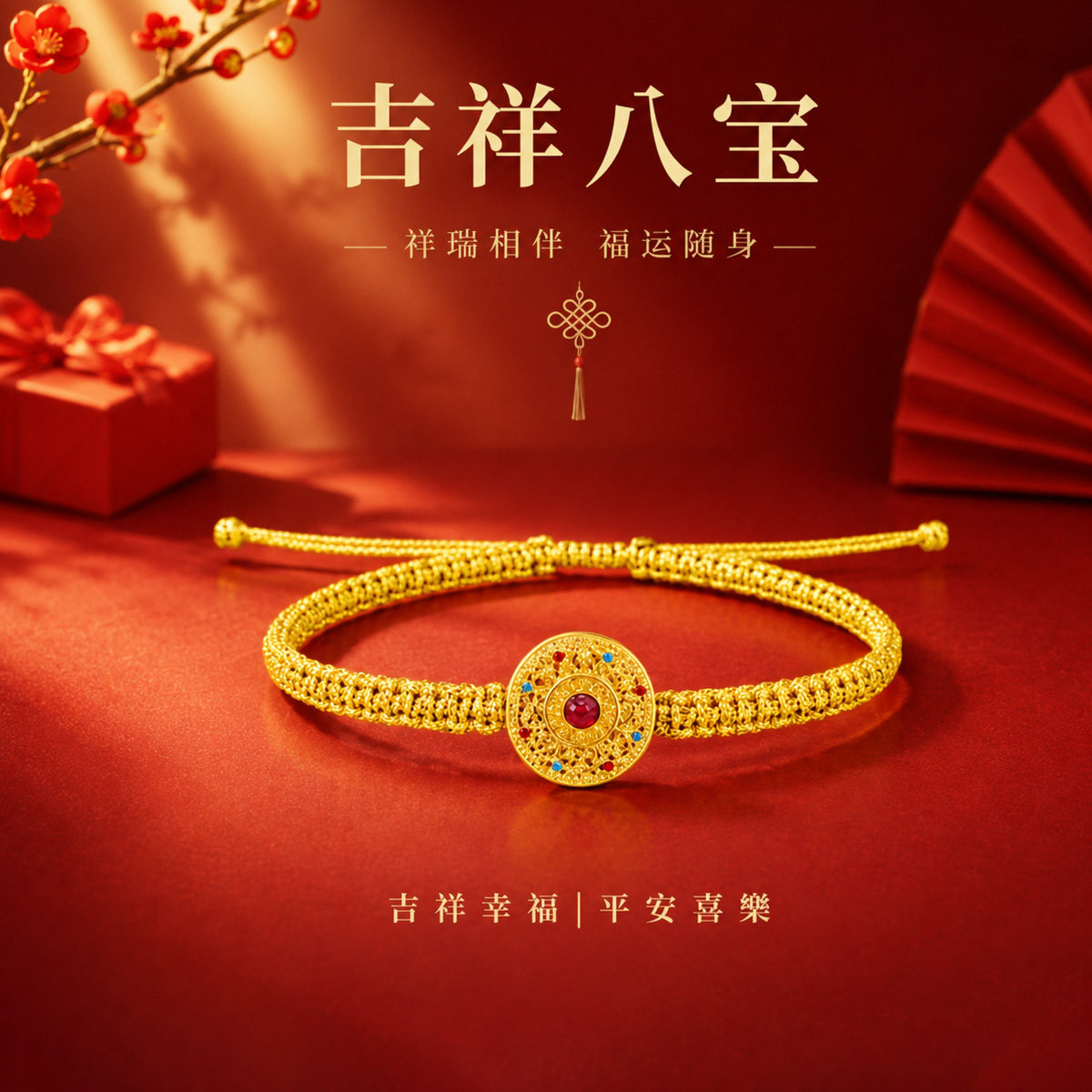 千年珠宝黄金手链女足金999八宝罗盘编绳手链罗盘转运珠新款正品