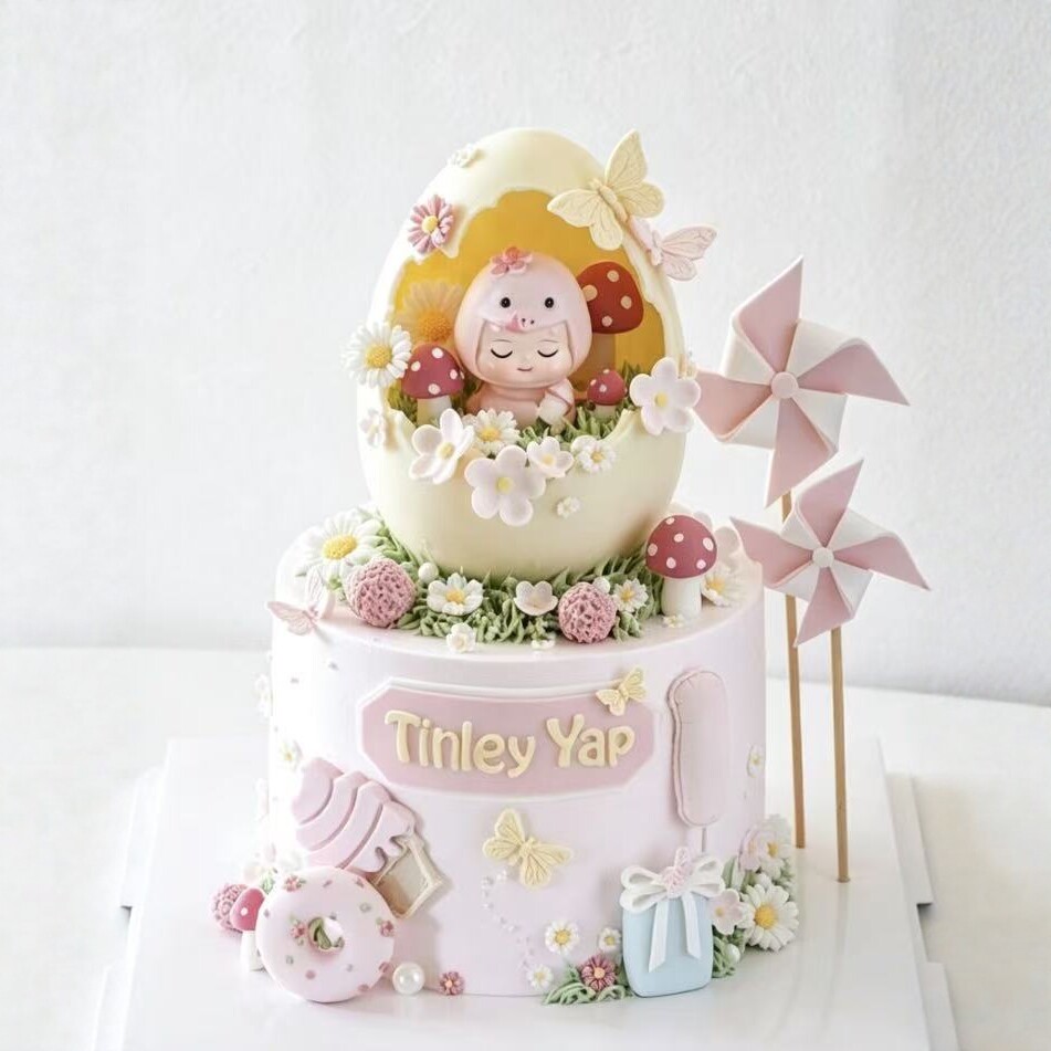 生肖粉蛇宝宝生日蛋糕装饰男女童周岁宴甜品树脂小花氛围感摆件