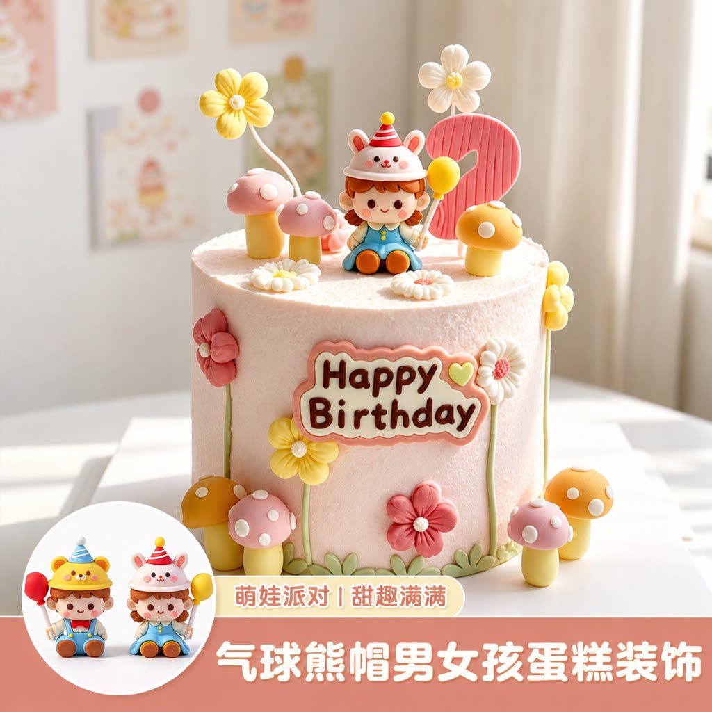 可爱派对帽男孩女孩蛋糕摆件森系蘑菇小花宝宝生日蛋糕装饰插件