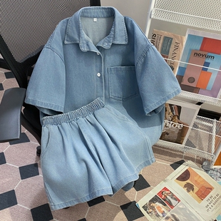 品牌折扣大码女装牛仔衬衫短裤休闲套装女夏季新款时尚宽松两件套
