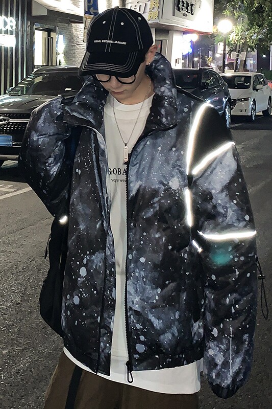 933港风冬季棉衣男个性印花潮牌宽松反光条加厚棉服,男装棉衣,电商A436