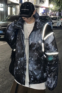 933港风冬季棉衣男个性印花潮牌宽松反光条加厚棉服图片