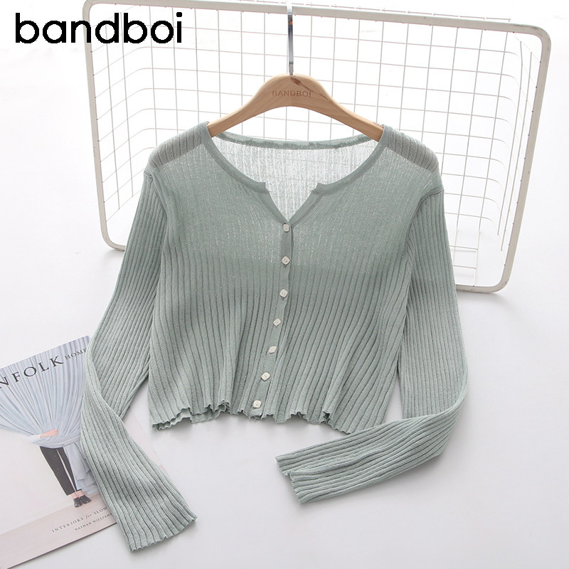 夏季长袖薄款短款外搭冰丝针织衫开衫上衣披肩外套女防晒衫空调衫