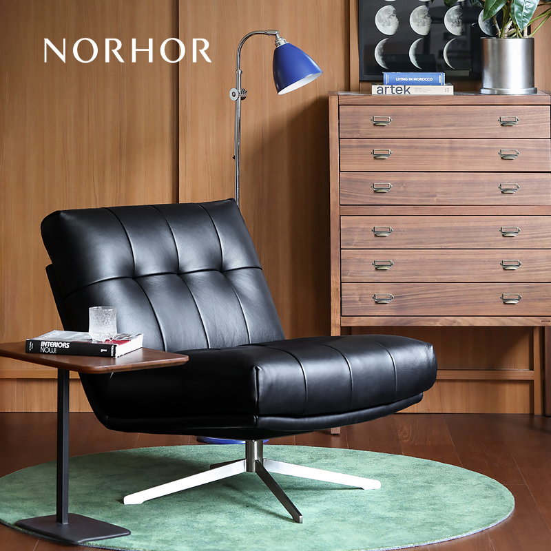 北欧表情中古包豪斯覆古可旋转真皮不锈钢沃克单人沙发休闲转椅黑