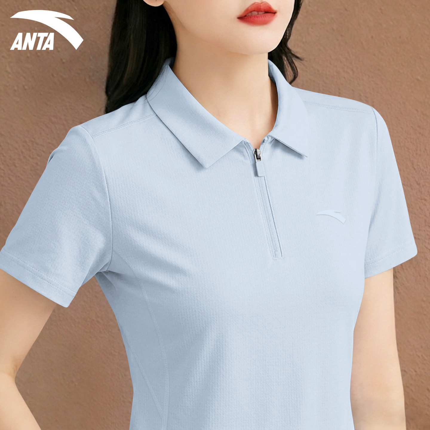 安踏运动POLO衫女短袖2026夏季官方正品翻领拉链蓝色女士休闲上衣
