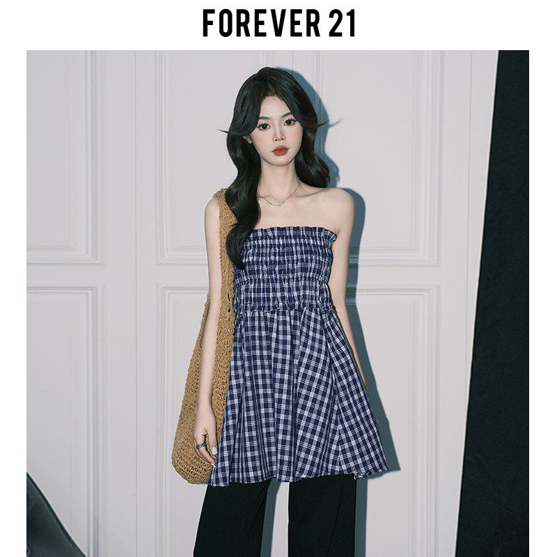 Forever21氛围感蓝色格纹抹胸背心裙女2025新款两穿A字半身伞裙子