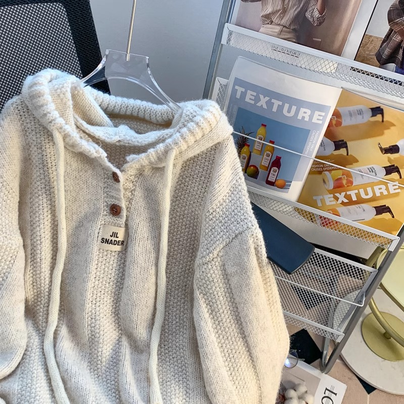 慵懒风灰色连帽卫衣毛衣女2024新款爆款秋冬季外套针织衫长袖上衣