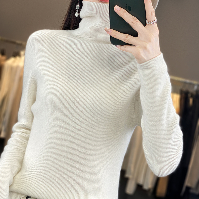 一线成衣抽条堆堆领纯羊毛女针织衫打底衫套头保暖修身显瘦毛衣