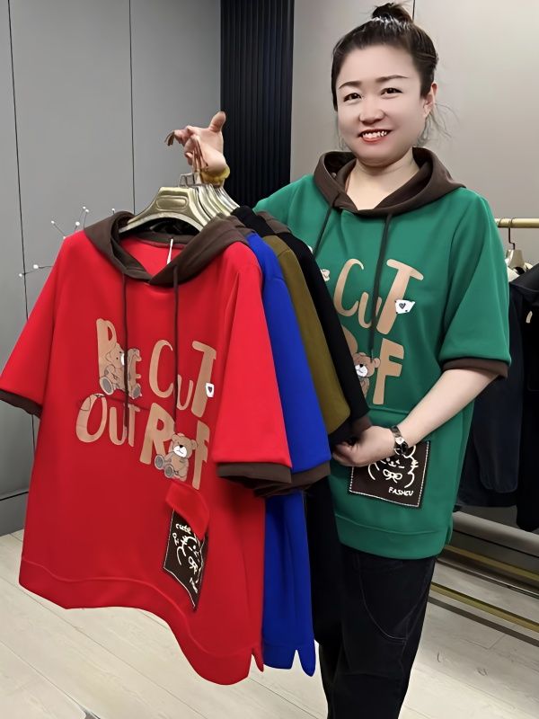 中袖卫衣女大码200斤夏季新款韩版宽松连帽中年妈妈300斤短袖T恤
