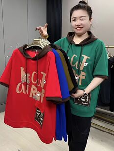 中袖卫衣女大码200斤夏季新款韩版宽松连帽中年妈妈300斤短袖T恤