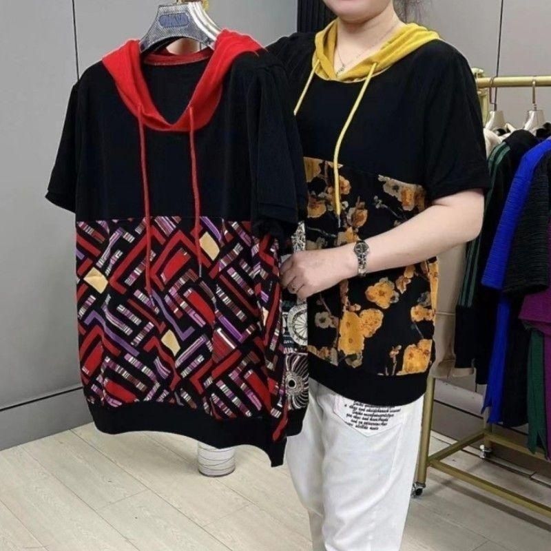 中年女士短袖连帽T恤宽松大码2T恤