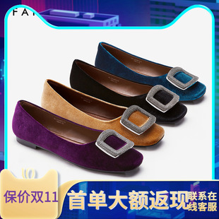 色非法式复古水钻方扣女单鞋2025秋季新款丝绒面女鞋平底鞋晚宴鞋